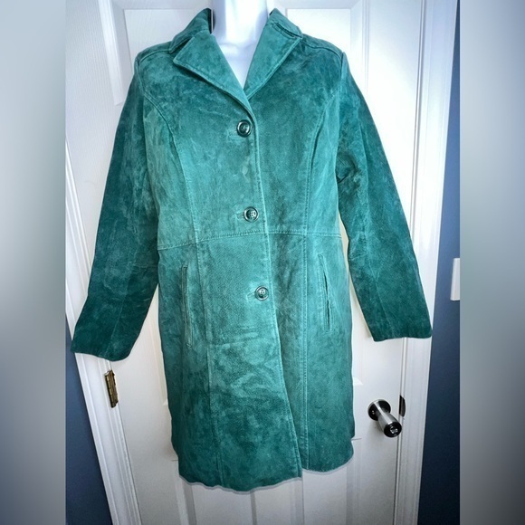 D&Co Denim + Co Womens X Small Green Genuine Leather Button Long Coat Jacket XS - Picture 1 of 14